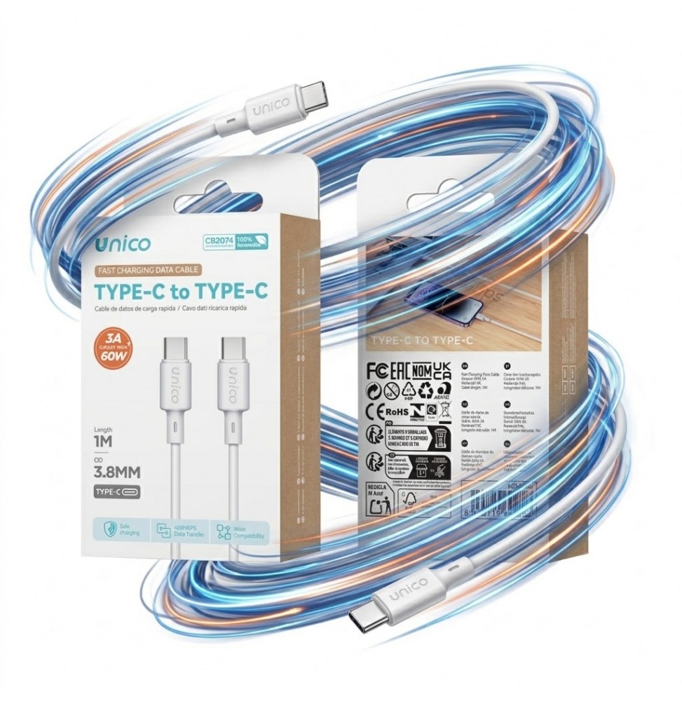 Unico CB2074 Cavo Type C 60W 3A PD Fast Charge 1m Ricarica Dati 480Mbps Bianco