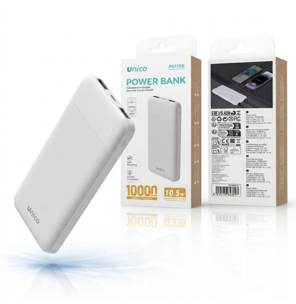 Unico Power Bank 10000mAh 10.5W x 2 Porte USB 2A Ricarica Rapida Batteria Bianco