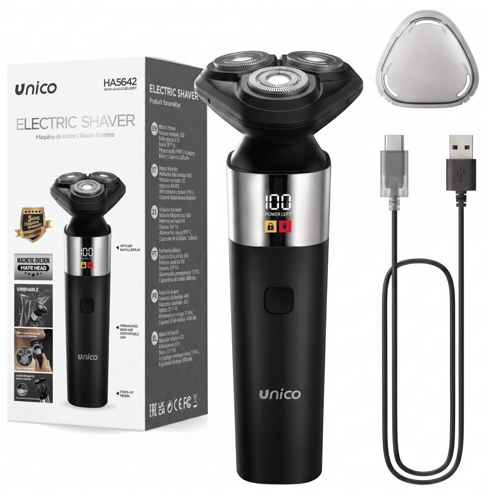 Unico HA5642 Rasoio Elettrico 3 Teste Flottanti Display LED USB Type C Lavabile Nero