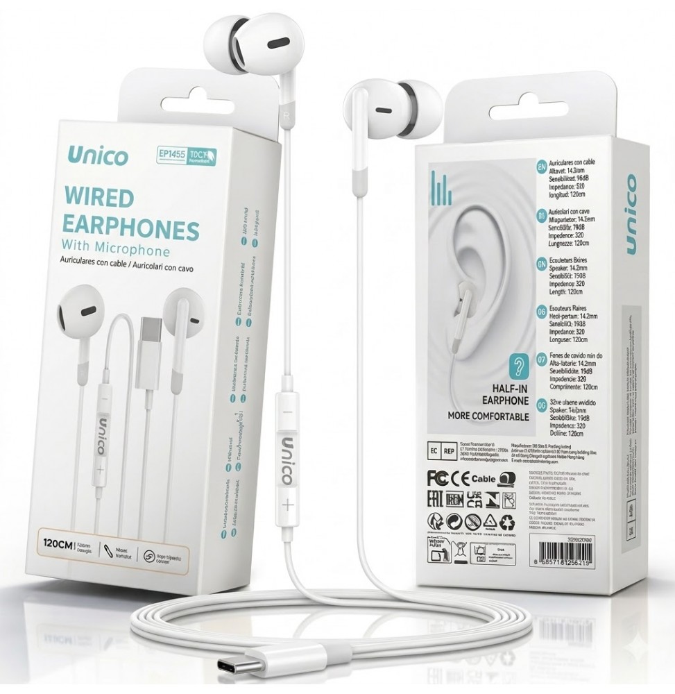 Unico EP1455 Auricolari Type C Semi In Ear Cavo 1.2m Microfono Tasti Controllo Bianco