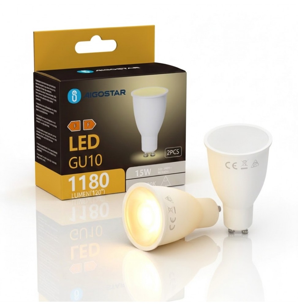 Aigostar Lampadina LED GU10 15W 1180lm 3000K Luce Calda 50x80mm Alluminio 2Pezzi