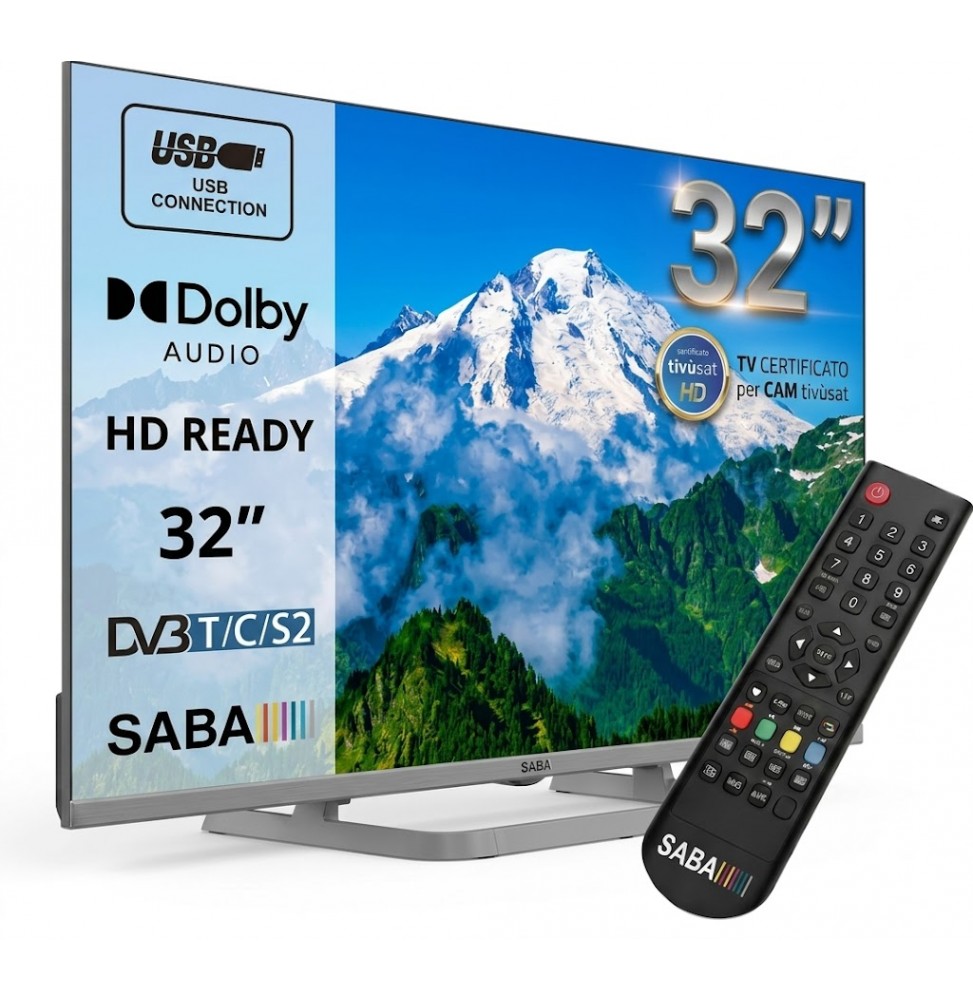Saba SA32M10 TV LED 32 Pollici HD DVB-T2/S2 Certificata TivùSat HEVC 10