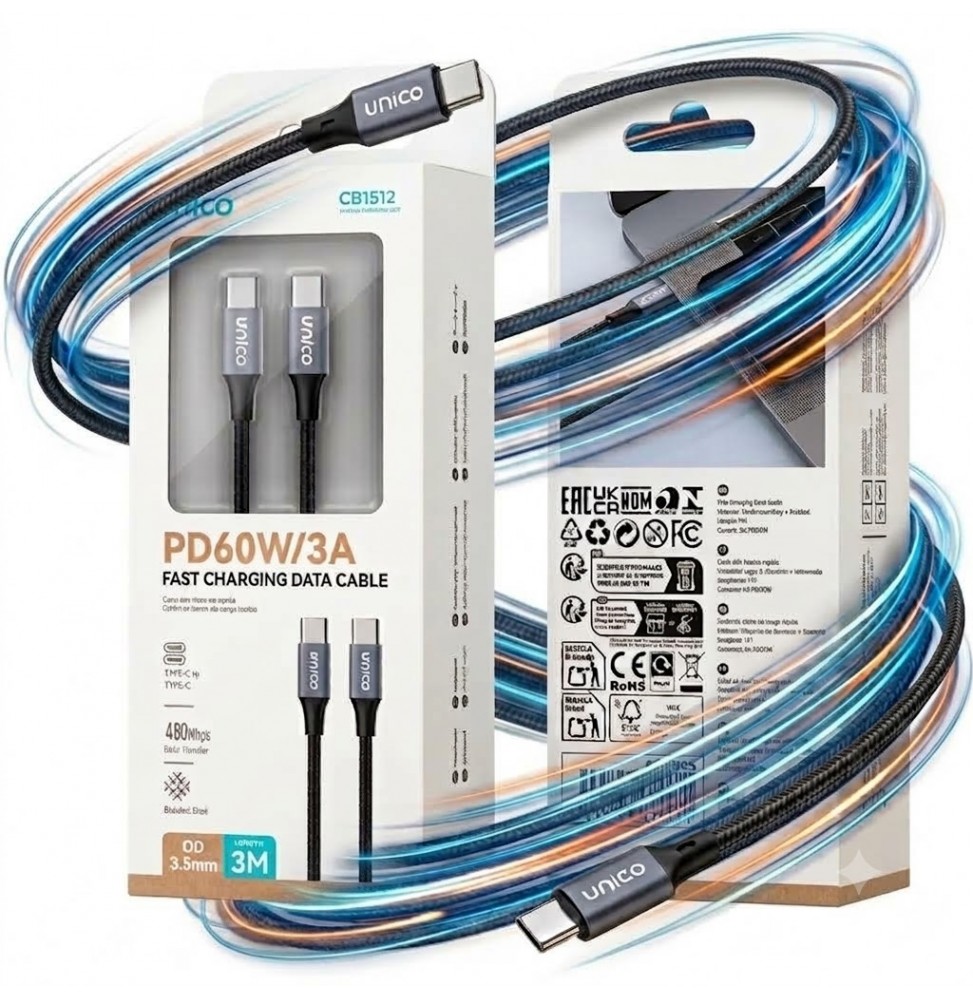 Unico CB1512 Cavo Type-C Type-C 3A PD60W 3M Intrecciato Grigio Canna Di Fucile