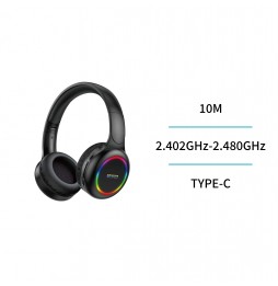 Unico HP2039 Cuffie Bluetooth A Fascia Pieghevoli Luce RGB AUX Cavo Type-C Nero