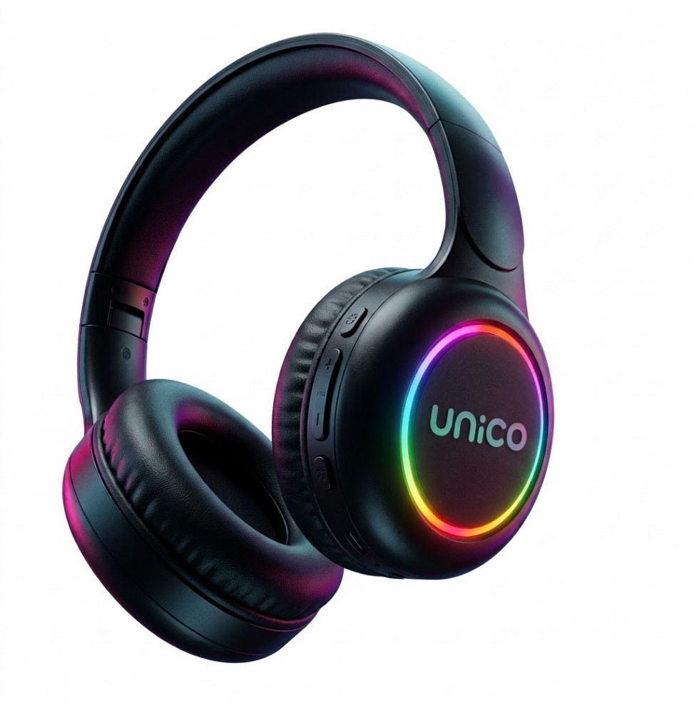Unico HP2039 Cuffie Bluetooth A Fascia Pieghevoli Luce RGB AUX Cavo Type-C Nero