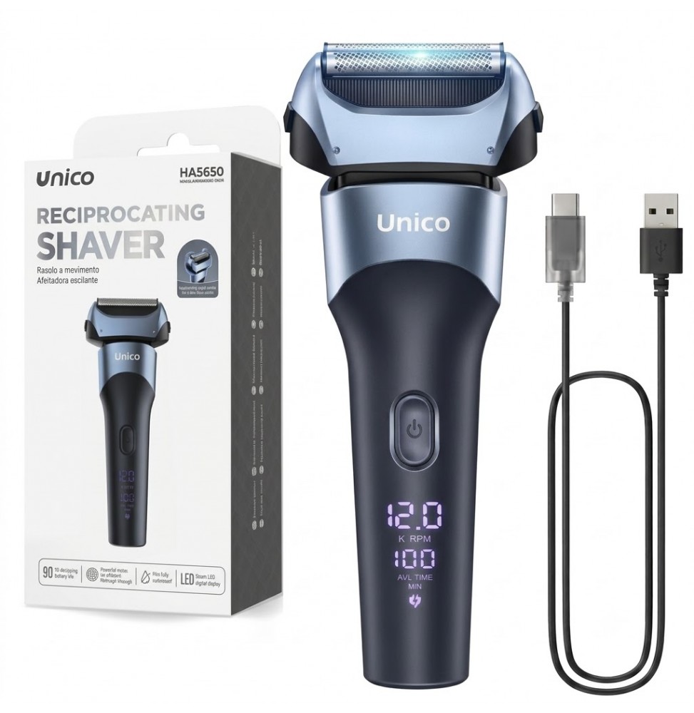 Unico HA5650 Rasoio Elettrico Testina 3 Lame IPX6 Display LED Type-C 5W 600mAh Blu