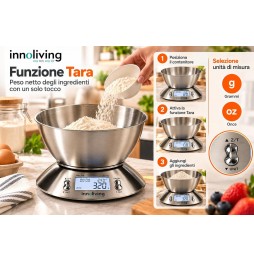 Innoliving Bilancia Digitale Cucina Acciaio Inox 5kg Ciotola 1.8L Display LCD