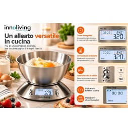 Innoliving Bilancia Digitale Cucina Acciaio Inox 5kg Ciotola 1.8L Display LCD