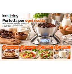 Innoliving Bilancia Digitale Cucina Acciaio Inox 5kg Ciotola 1.8L Display LCD