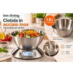 Innoliving Bilancia Digitale Cucina Acciaio Inox 5kg Ciotola 1.8L Display LCD