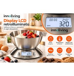 Innoliving Bilancia Digitale Cucina Acciaio Inox 5kg Ciotola 1.8L Display LCD