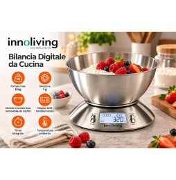 Innoliving Bilancia Digitale Cucina Acciaio Inox 5kg Ciotola 1.8L Display LCD