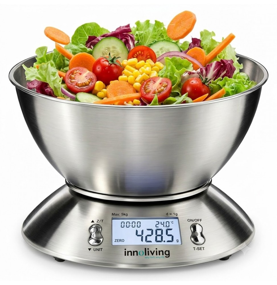 Innoliving Bilancia Digitale Cucina Acciaio Inox 5kg Ciotola 1.8L Display LCD